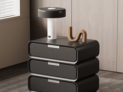 Modern Black Three Drawer Nightstand With Table Lamp And Wooden Decor 3d model