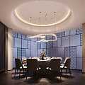 Elegant Private Dining Room Interior Design With Round Table White Chairs And Modern Chandelier