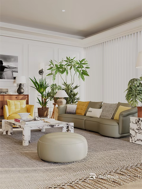 Elegant Modern Sofa Set With Colorful Throw Pillows And Green Potted Plants 3d model 