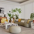 Elegant Modern Sofa Set With Colorful Throw Pillows And Green Potted Plants