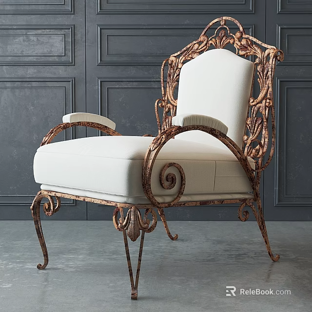 Ornate Metal Frame Leisure Chair With White Cushioned Seat And Backrest Against Dark Paneled Wall 3d model 