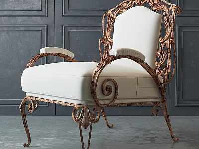 Ornate Metal Frame Leisure Chair With White Cushioned Seat And Backrest Against Dark Paneled Wall 3d model