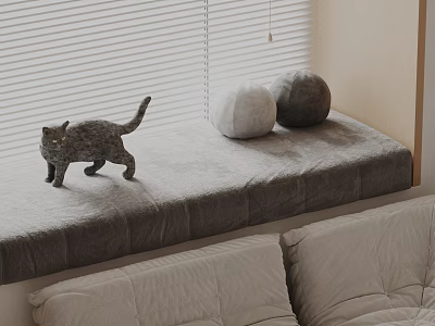 Beige Sectional Sofa in Living Room with Window Bench Cat Plush and Furry Ball Pillows 3d model