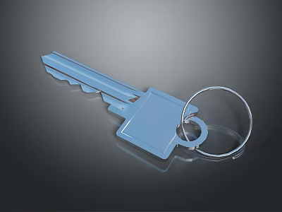 Blue Key With Sleek Metallic Finish And Key Ring On Gray Background 3d model