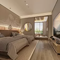 Hotel Guest Room With Twin Beds Chinese Style Mural Minimalist Design And Wooden Flooring