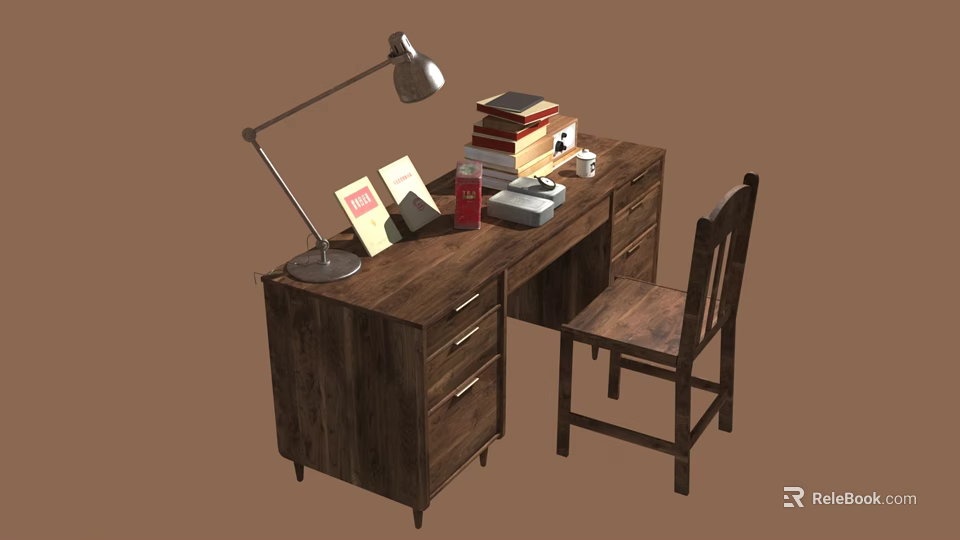 Wooden Desk and Chair Set With Table Lamp Books Photo Frame and Telephone 3d model 