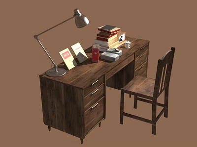 Wooden Desk and Chair Set With Table Lamp Books Photo Frame and Telephone 3d model