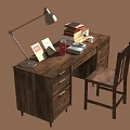 Wooden Desk and Chair Set With Table Lamp Books Photo Frame and Telephone