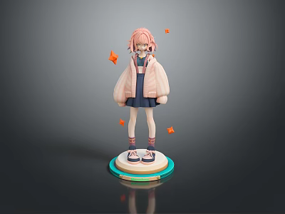 Child With Pink Hair Pink Coat And Blue Dress On Orange Elements Base 3d model