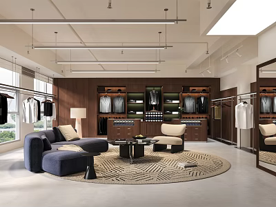 Modern Upscale Menswear Clothing Store With Bright Shopping Space Comfortable Lounge And Neat Clothing Displays 3d model
