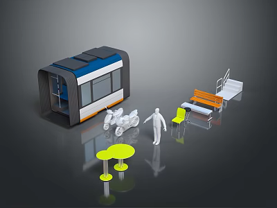 Public Chair in Modern Urban Setting With Bus Shelter Yellow Table White Figure Motorcycle Stairs 3d model