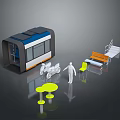 Public Chair in Modern Urban Setting With Bus Shelter Yellow Table White Figure Motorcycle Stairs