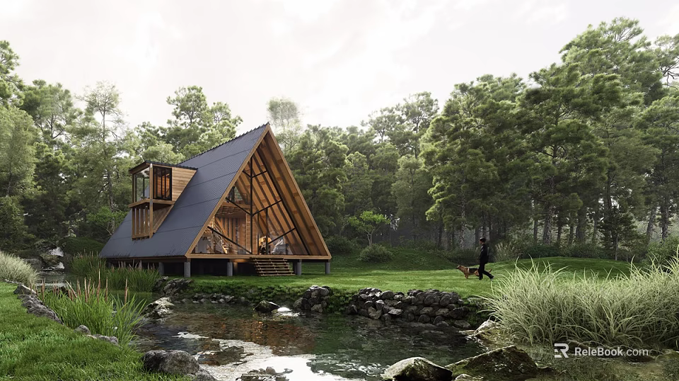 A Frame Wooden House Surrounded By Forest Stream Green Grassland And Person Walking Dog 3d model 