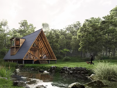 A Frame Wooden House Surrounded By Forest Stream Green Grassland And Person Walking Dog 3d model