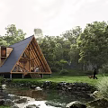 A Frame Wooden House Surrounded By Forest Stream Green Grassland And Person Walking Dog