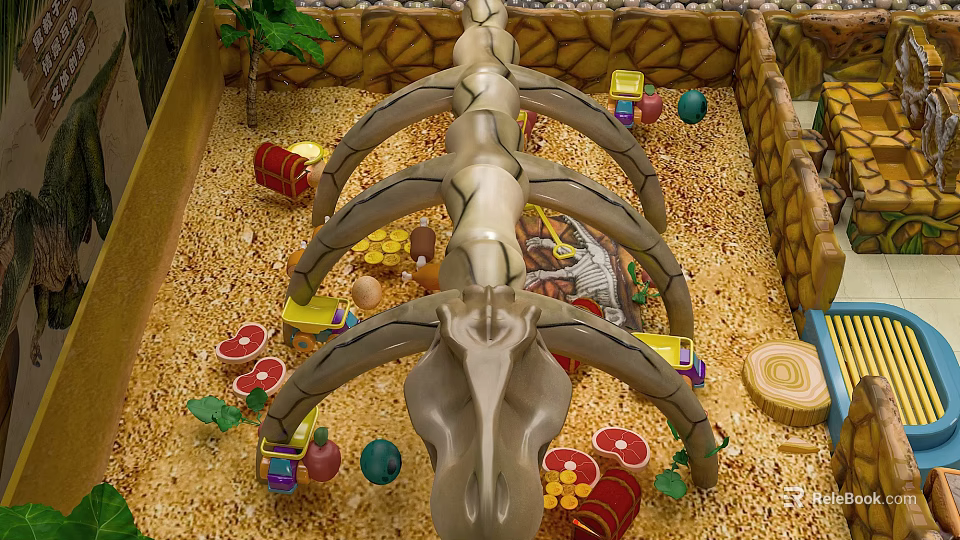 Dinosaur Themed Playground with Skeleton Structure Colorful Toys Sandy Ground and Plant Decorations 3d model 