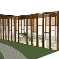 Wooden Pergola with Glass Panels Green Plants and Sunlight Shadow on Stone Floor