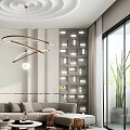 Modern Living Room Interior With Curved Chandelier L-shaped Sofa Green Cushion Round Coffee Tables