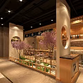 Cozy Japanese Restaurant With Cherry Blossom Trees Wooden Decor And Open Layout