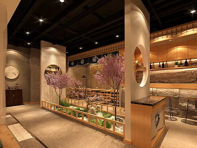 Cozy Japanese Restaurant With Cherry Blossom Trees Wooden Decor And Open Layout 3d model