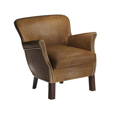 Classic Brown Leather Single Sofa With Rivet Accents And Wooden Legs 3d model