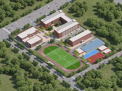 Modern School Campus Buildings With Multiple Academic Structures Football Field Basketball Court And Green Trees 3d model