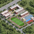 Modern School Campus Buildings With Multiple Academic Structures Football Field Basketball Court And Green Trees
