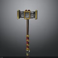 Fantasy War Hammer Design With Ornate Golden Head Red Accents And Wooden Handle