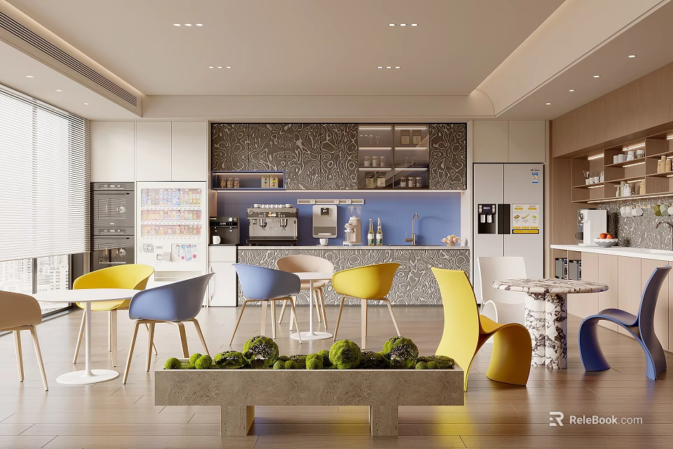 Modern Open Break Room Interior With Colorful Chairs Coffee Machine And Green Plants 3d model 