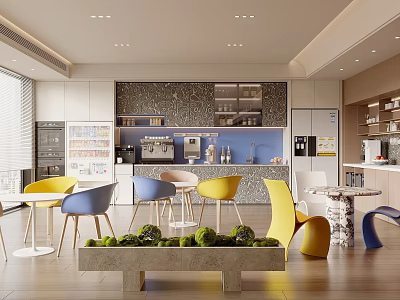 Modern Open Break Room Interior With Colorful Chairs Coffee Machine And Green Plants 3d model