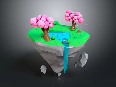 Floating Fantasy Island With Green Grass Pink Trees Blue Pond Waterfall And Floating Rocks 3d model