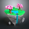 Floating Fantasy Island With Green Grass Pink Trees Blue Pond Waterfall And Floating Rocks