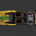 Yellow Custom Car with Red Frame Exposed Engine Open Top and Rusty Large Wheels