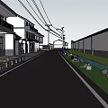 Modern Garden Landscape With Street Trees Flowers Car And Pedestrians Near Buildings