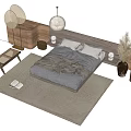 Modern Double Bed with Grey Bedding Wooden Frame Decorative Lamp Plant and Rug