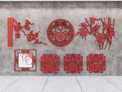 Red Traditional Chinese Wall Decor with Plum Blossoms Bamboo and Fu Character Designs 3d model