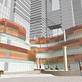 Urban Commercial Street With High Rise Buildings And Colorful Facade Surrounded By Greenery