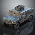 Camouflaged Military Vehicle With Armored Body And Roof Hatch For Tactical Use