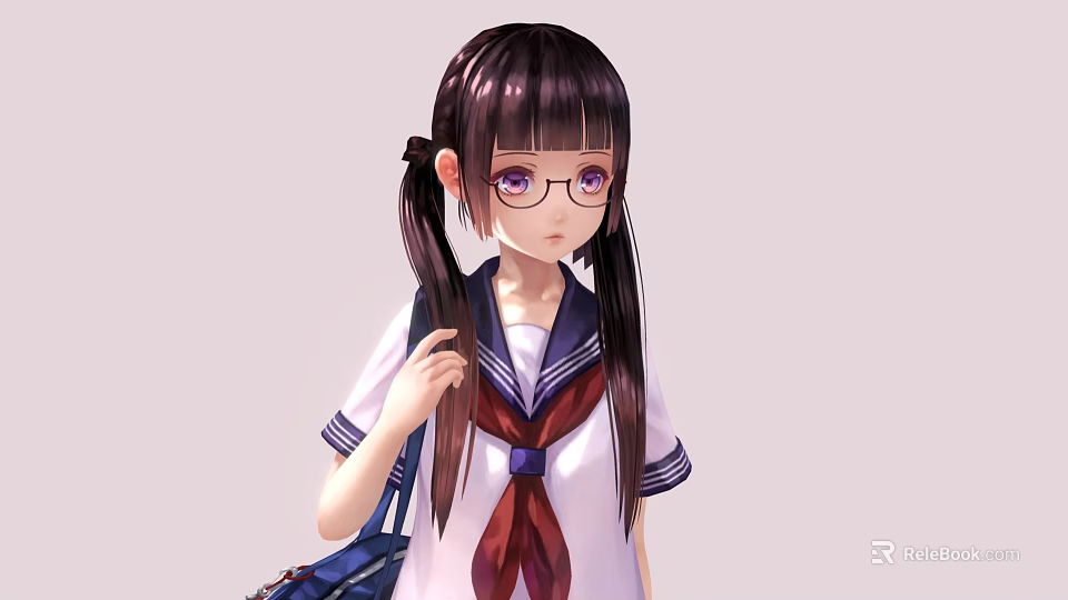 Anime Game Character With Long Black Pigtails Purple Eyes Glasses And Sailor Uniform 3d model 