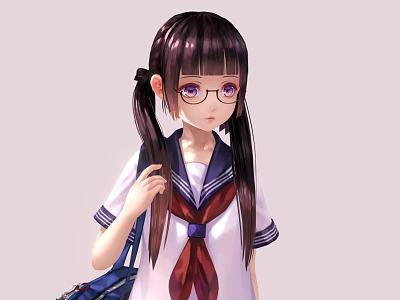 Anime Game Character With Long Black Pigtails Purple Eyes Glasses And Sailor Uniform 3d model