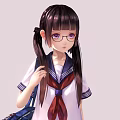Anime Game Character With Long Black Pigtails Purple Eyes Glasses And Sailor Uniform