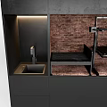 Black Modern Entryway Cabinet Sideboard With Red Brick Wall And LED Strip Lights