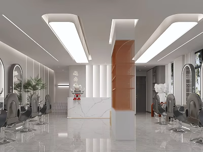 Modern Beauty Hair Salon Interior With Styling Chairs Mirrors And Marble Reception Desk 3d model
