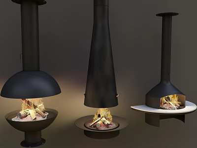 Modern Fireplaces With Three Unique Designs Burning Wood Logs And Flames 3d model