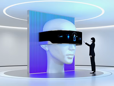 Modern Art Installation With White Head Sculpture VR Headset Blue Digital Interface And Interaction 3d model
