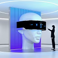 Modern Art Installation With White Head Sculpture VR Headset Blue Digital Interface And Interaction