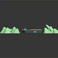Blue Board Model Scene With Green Boat And Light Green Mountain Shapes