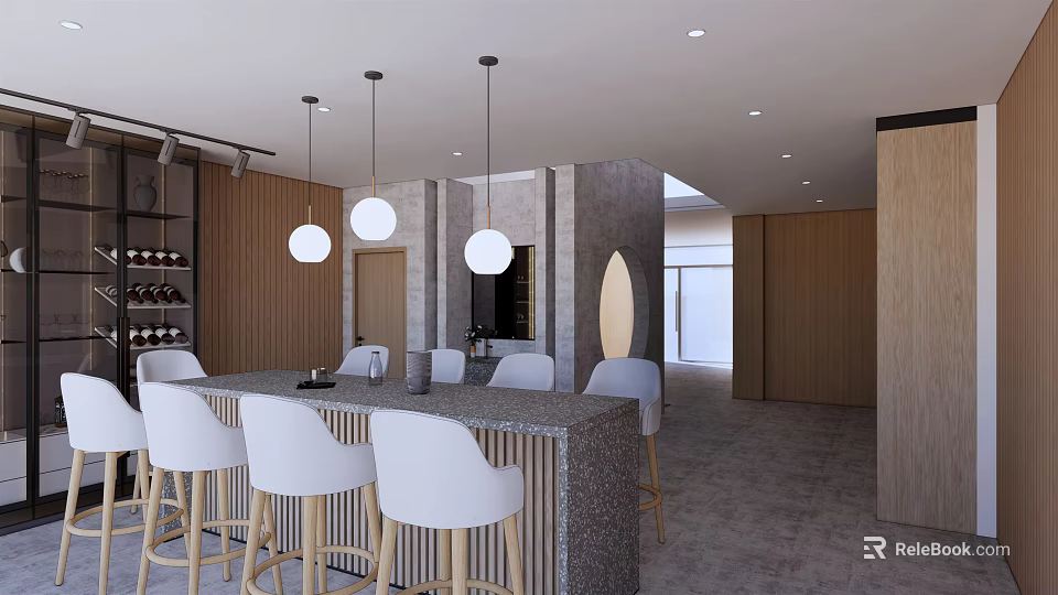 Modern Bar Area Interior Design With Stone Countertop Hanging Pendant Lights And White Bar Stools 3d model 