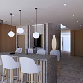 Modern Bar Area Interior Design With Stone Countertop Hanging Pendant Lights And White Bar Stools