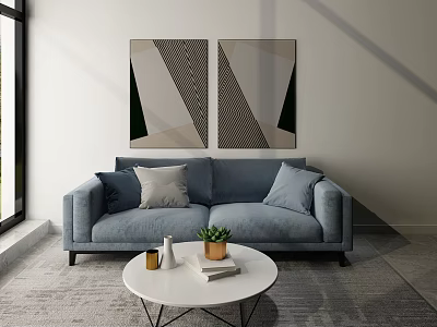 Modern Double Sofa Small Fresh Blue Simple Sofa Pillow Hanging Picture Coffee Table 3d model